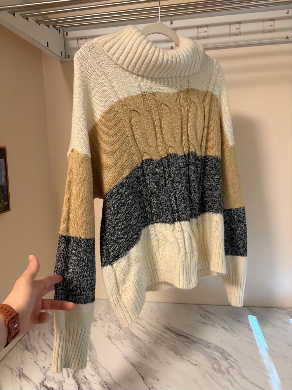 Lane Bryant Cozy Cable-Knit Colorblock Turtleneck Sweater - Cream, Tan & Gray